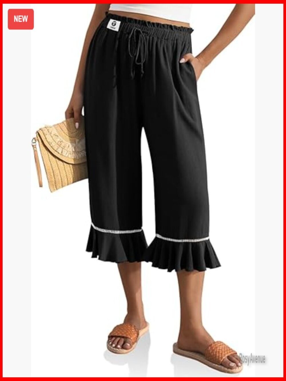 Linen Capri Pants High Waisted Wide Leg Ruffle Hem with Pockets